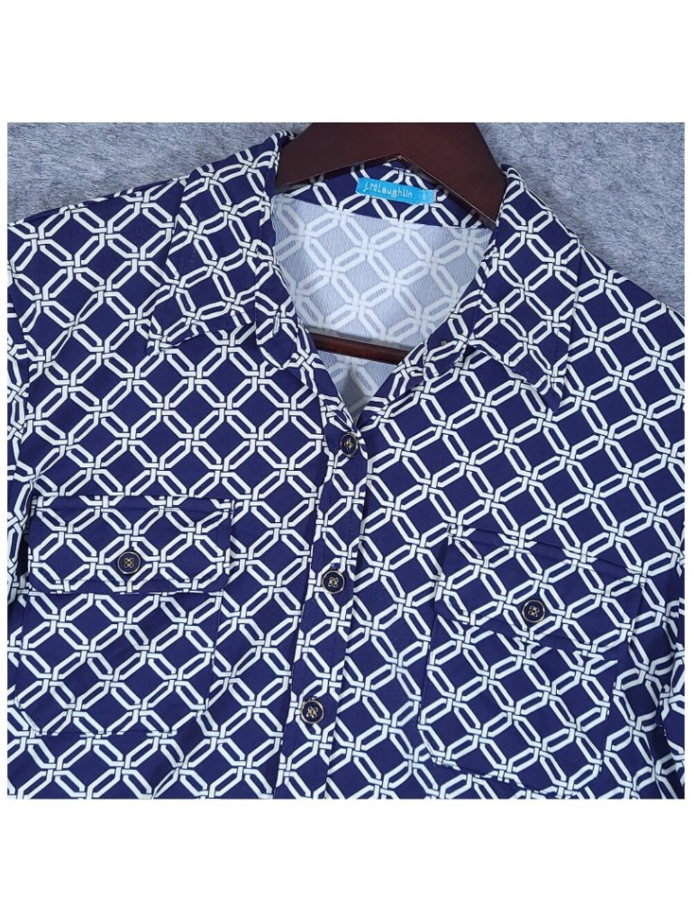 J McLaughlin Catalina Cloth Blue Chain Print Button Front 3/4 Sleeve Shirt Small